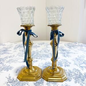 Pair 12in Brass Candle Holders Glass Votive Cups Vintage Grandmillenial Holiday